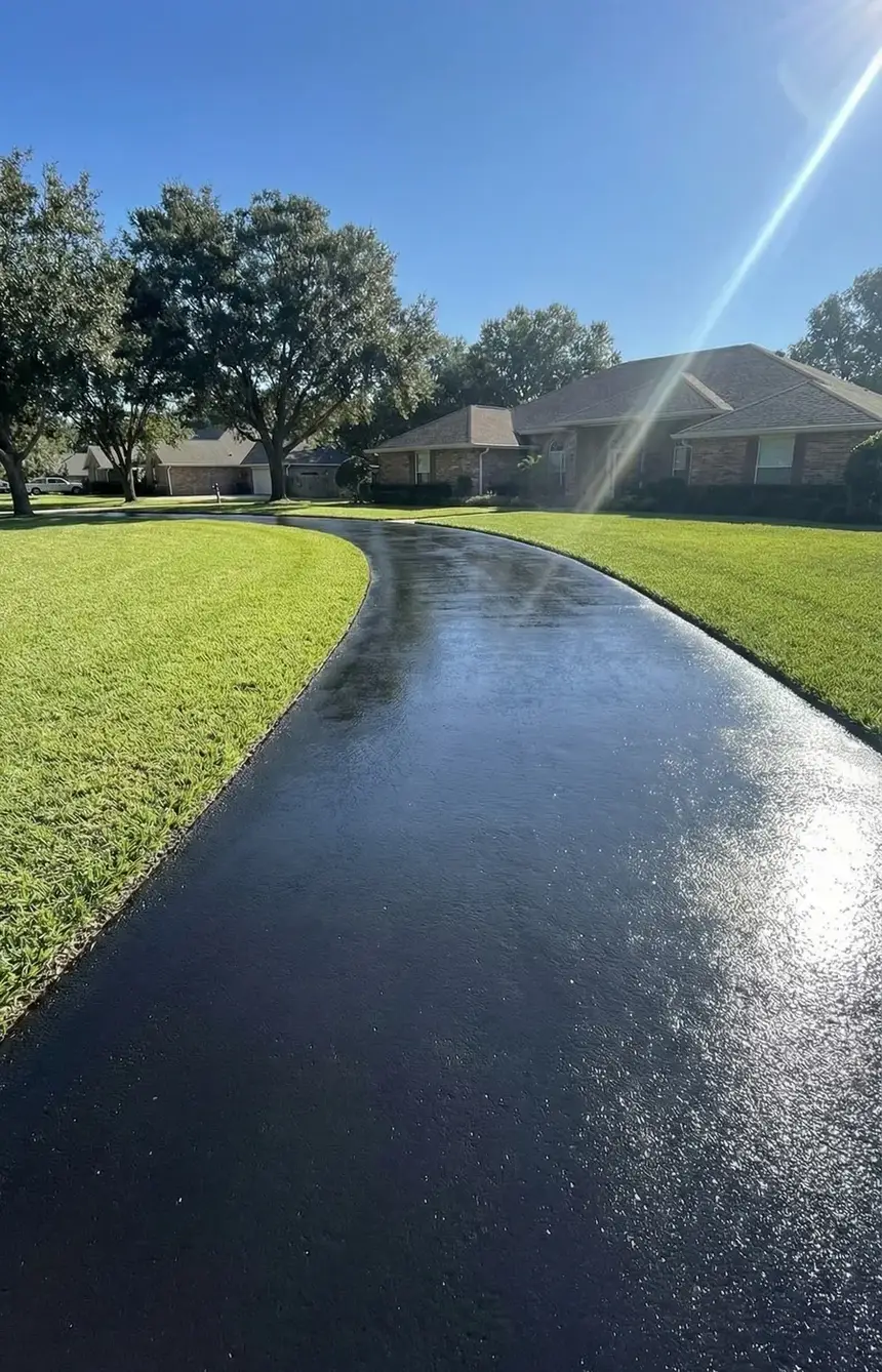 Driveway after sealcoating, deep black finish
