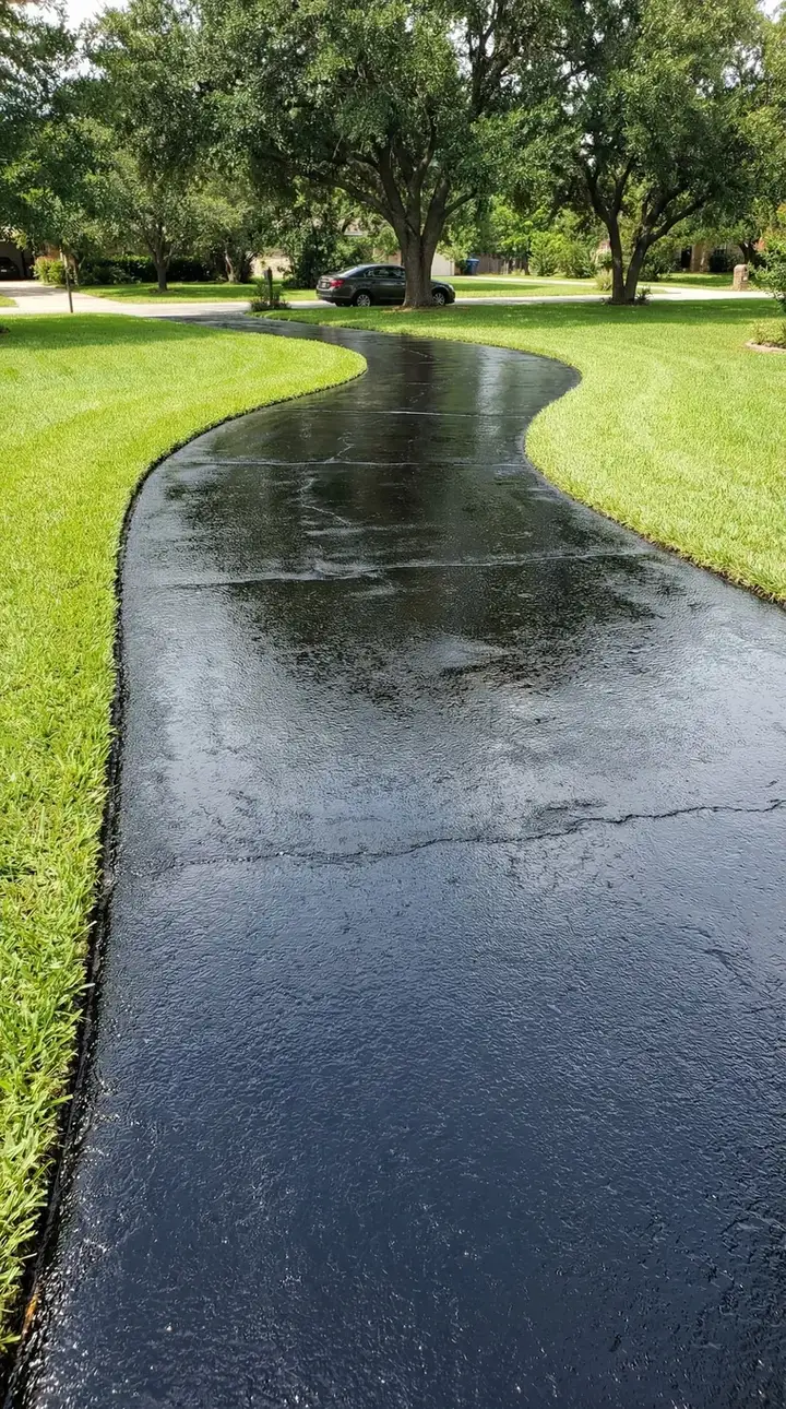 Curving sealcoated driveway through green lawn under oak trees
