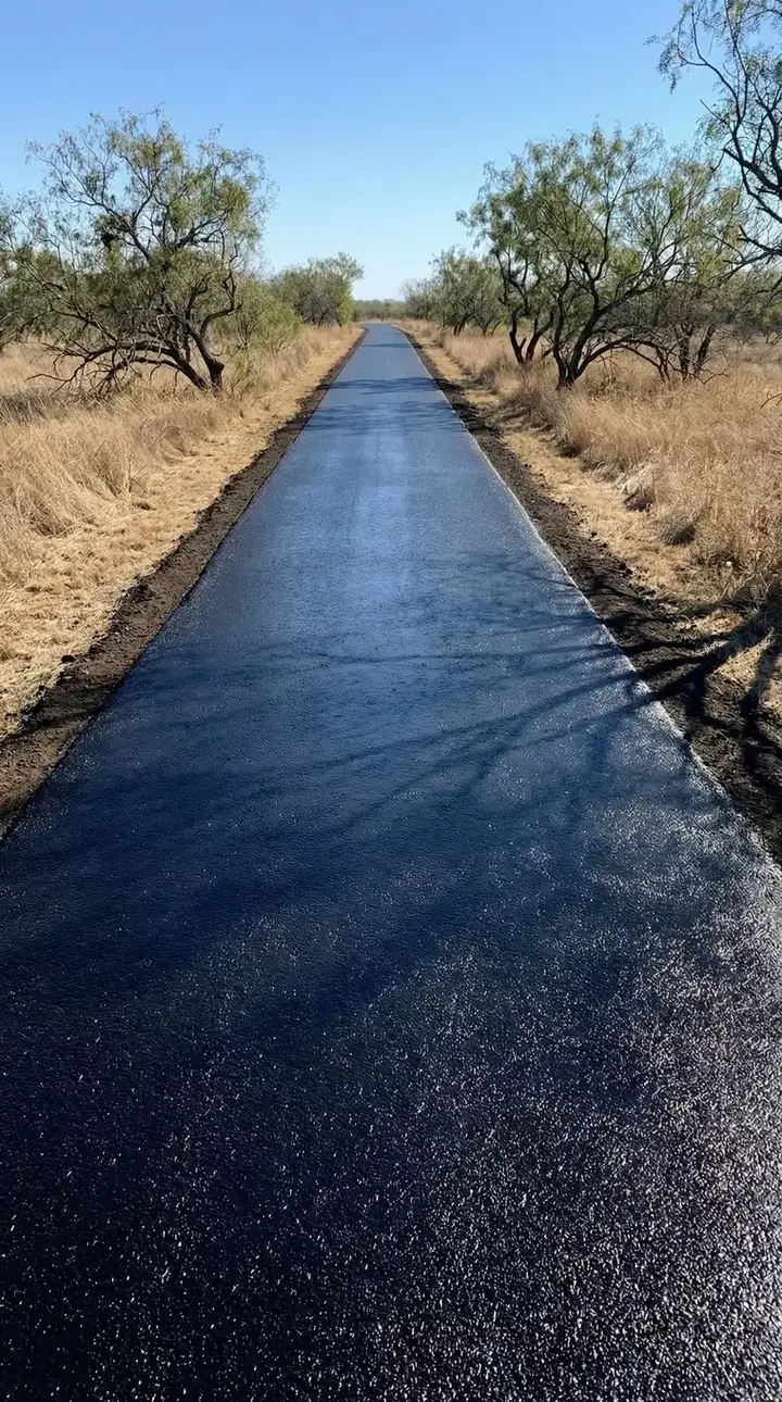 Long freshly sealcoated driveway lined with trees