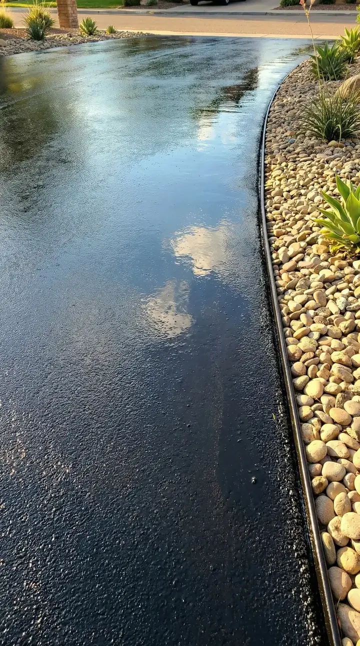 Mirror-gloss sealcoated surface reflecting the sky, bordered by river rock